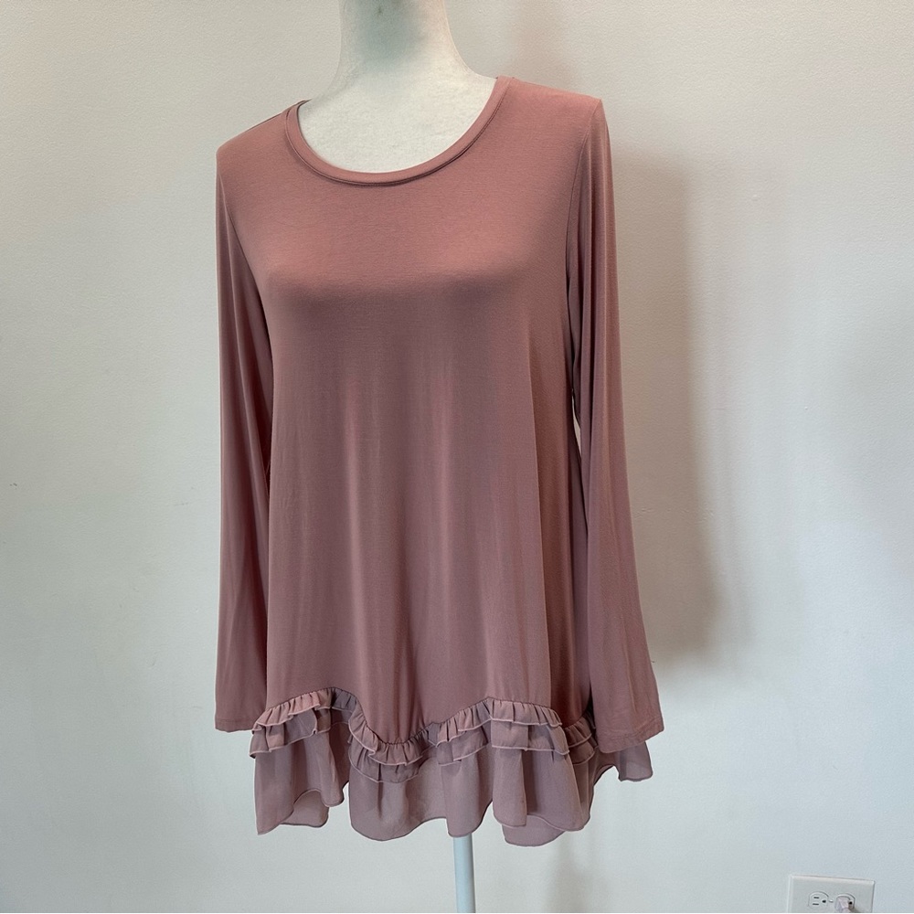 LOGO Lori Goldstein Mauve Long Sleeve Layered Ruffle Hem Tunic Womens size S